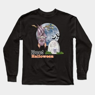 Boo! Halloween, a Bat and a Grave Long Sleeve T-Shirt